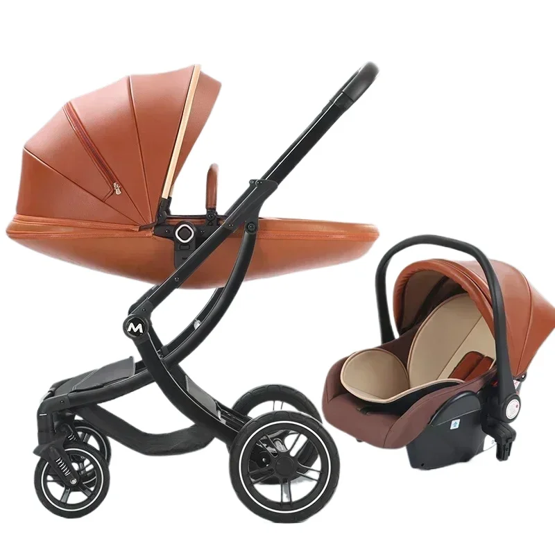 Baby Stroller 3in1,Luxury Baby Carriage with Car Seat,Eggshell Newborn Stroller Leather High Landscape PU leather
