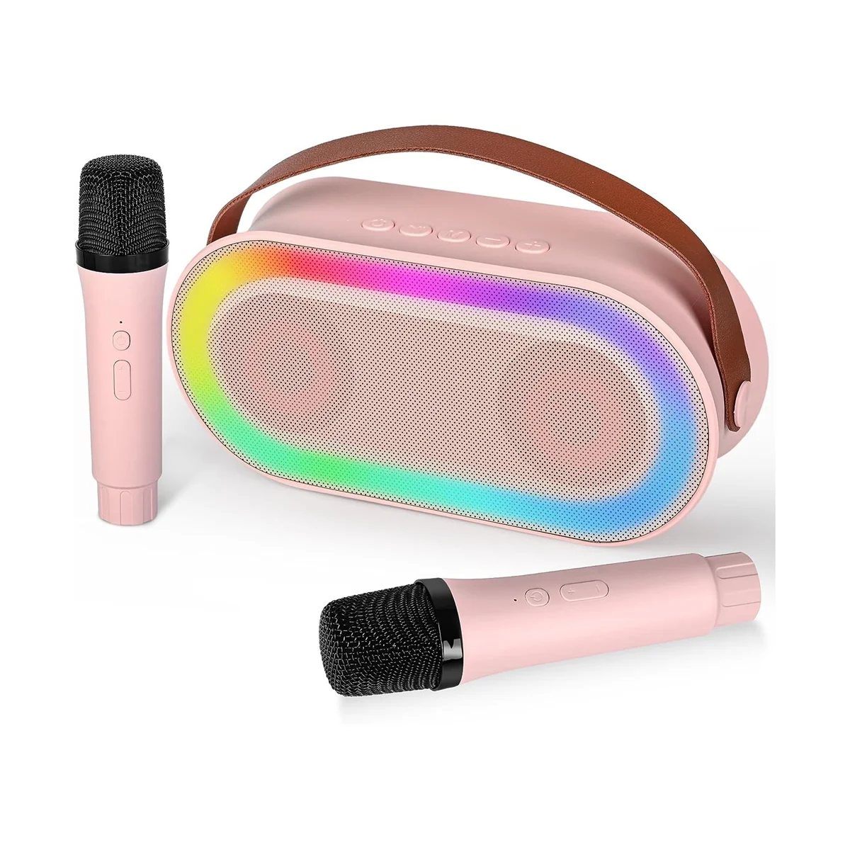 

Mini , Portable Bluetooth Speaker Set with 2 Wireless Microphone with LED Lights (Pink)