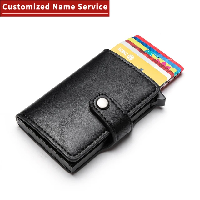 Bycobecy nome personalizzato porta carte di credito RFID scatola di alluminio uomo donna portafoglio in pelle Hasp Smart Wallet Card Case portamonete 1