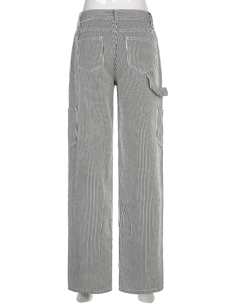 WeiYao Retro Stripe Baggy Straight Jeans Woman Low Waist Pockets Denim Pants Casual Loose Vntage Trousers Harajuku Streetwear gap jeans