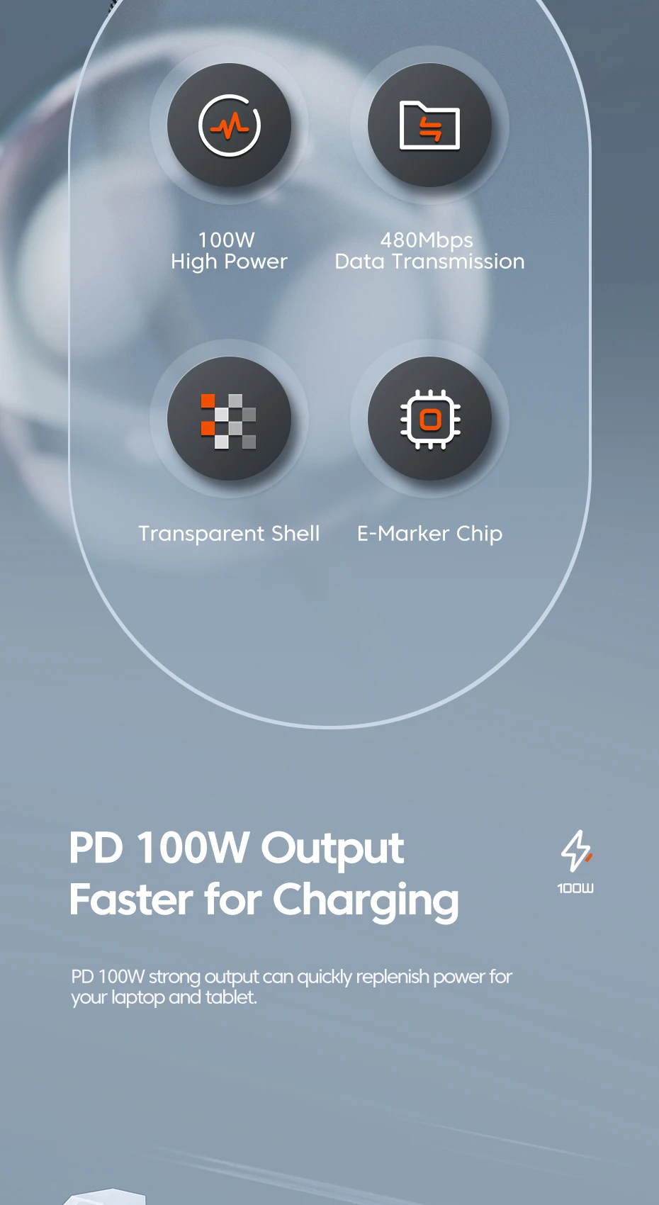 Transparent 100W USB Type C to USB C Cable for Macbook Samsung Huawei Xiaomi POC