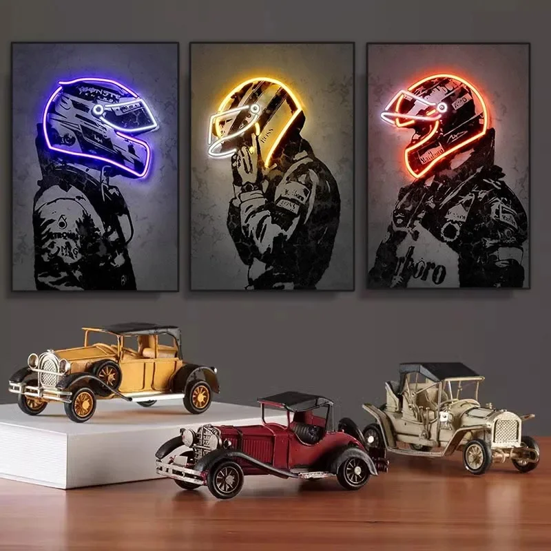 Modern Cool Poster Wall Art Neon Motorcycle Helmet Simple Posters