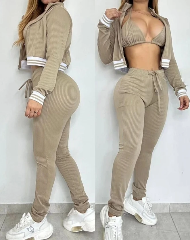 

Autumn and Winter Women's Pants Set Striped Stand Collar Zipper Design Crop Top & Drawstring Skinny Pants Set Sports Suit