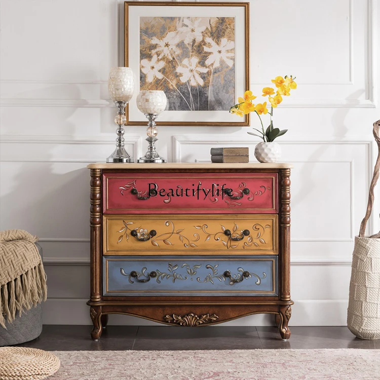 

American-Style Solid Wood Living Room Entrance Painted Chest of Drawers European-Style Retro Partition Locker