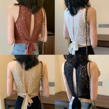 Sexy Women's Patchwork Cotton Lace Knitted Tank Tops Summer Sleeveless Streetwear Y2k Crop Top Lace Embroidery Hollow Out Tops