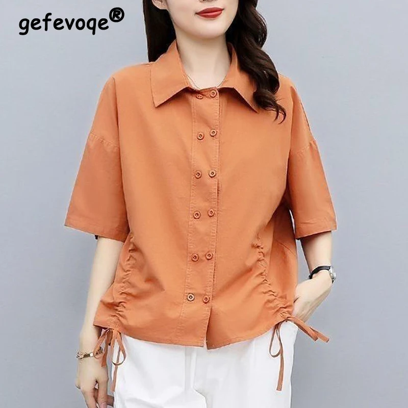 Women Retro Double Breasted Drawstring Cotton Linen Shirts 2023 Summer Simple Casual Loose Blouses Solid Short Sleeve Top Female