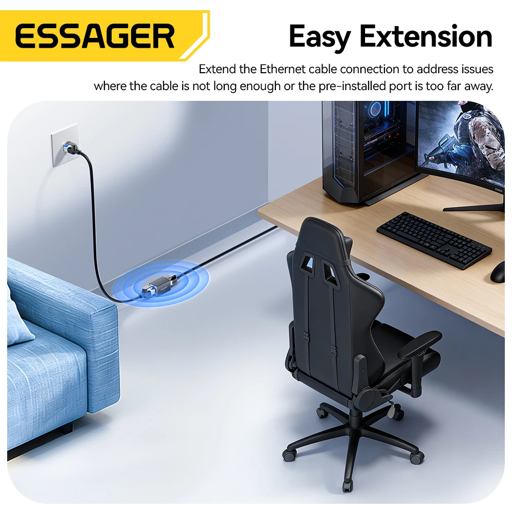 에사저 RJ45 커넥터 10Gbps 네트워크 익스텐더 연장 케이블 Cat8 Cat7 Cat6 이더넷 케이블 어댑터 여성용 어댑터