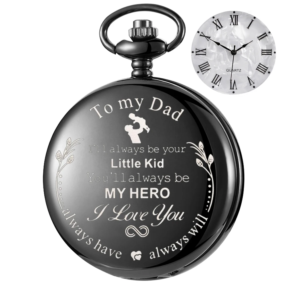 

To My Dad My Hero carving english alphabet face pocket watch a belt chain Black quartz watch birthday gifts for father