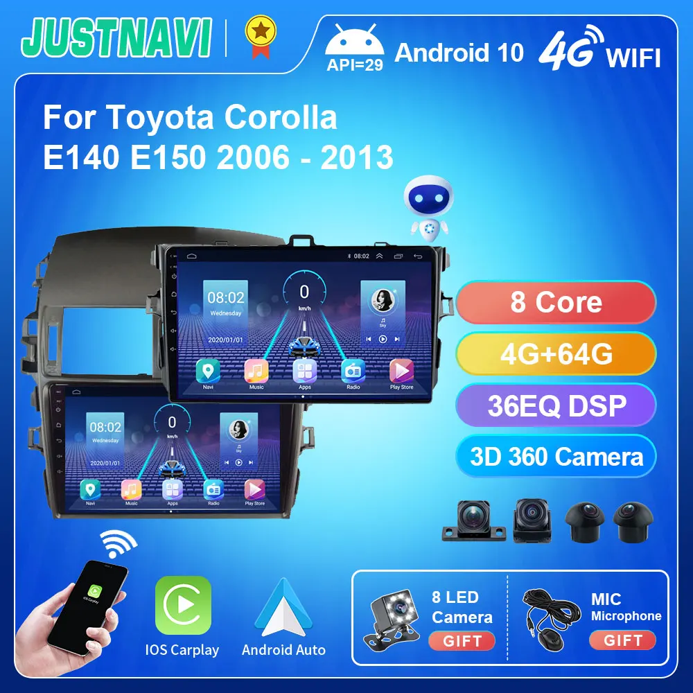 

JUSTNAVI QT5 4G 64G Newest Android 10.0 Car Radio Video Player For Toyota Corolla E140 E150 2006 - 2013 GPS Auto BT GPS Stereo