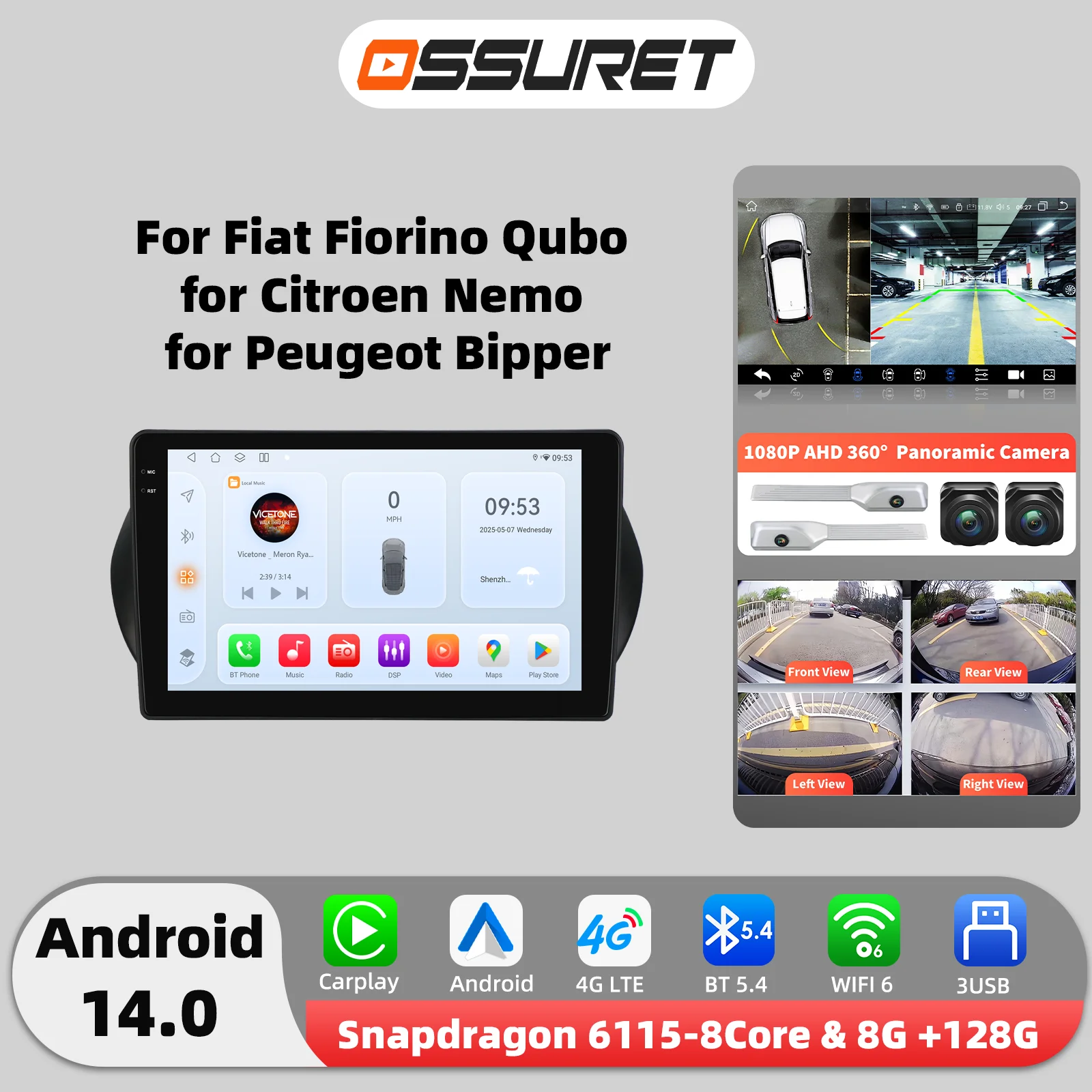 6115 AI Carplay Android 14 Autoradio für Fiat Fiorino Qubo Citroen Nemo Peugeot Bipper Multimedia-Player GPS 360-Grad-Kamera Bildschirm