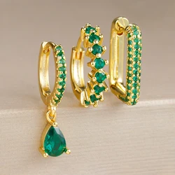 Elegant Cubic Zirconia Water Drop Pendant and Hoop Earring Set (Gold-Green-3pcs)