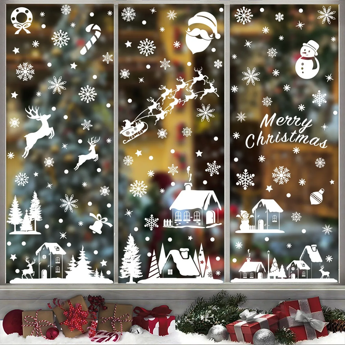 Christmas Decors Hanging Ball Candy Stick Snowflake Glass Sticker Xmas Tree Snowman Static Sticker Noel Natal Merry Christmas christmas stickers wall sticker