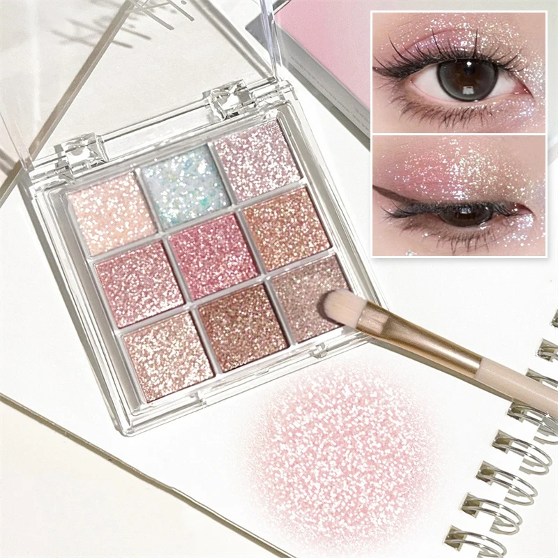 9-Color Glitter Eyeshadow Palette Pink Pearly Eyeshadow Palette Dream Girl Eye Makeup Shiny Eye Shadow Pigments