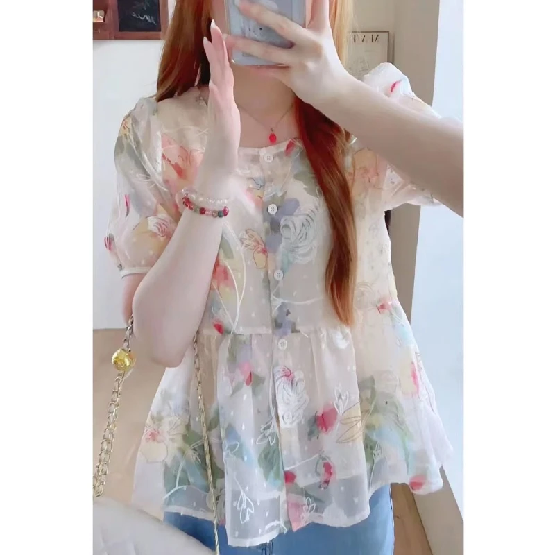 2024 New Summer Korean Fashion Elegant Bubble Sleeves Blouses Plus Size Square Collar Printed Gauze Button Women's Shirt Top