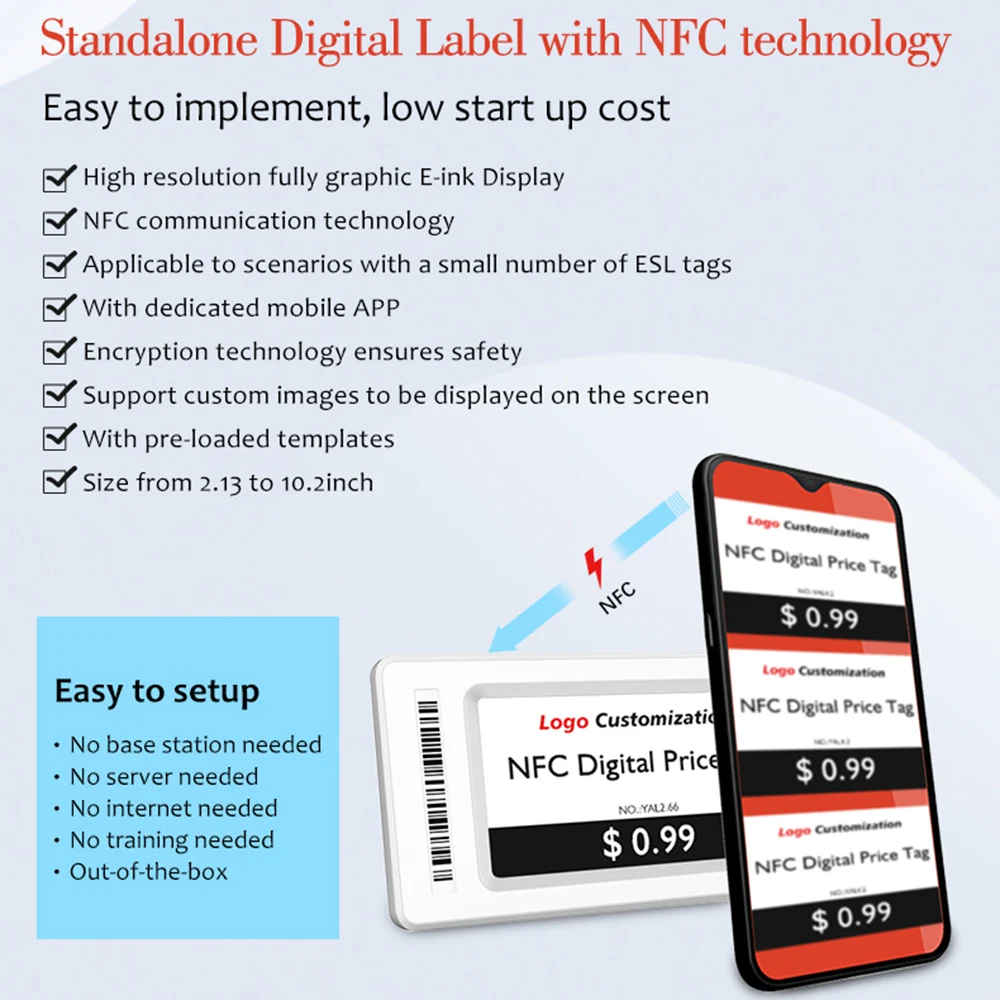 YalaTech ESL 디지털 전자 잉크 이페이퍼, NFC 가격표 ESL, 지능형 상점용 전자 선반 라벨, 4 색 1.54, 2.13, 2.66, 2.9, 3.5