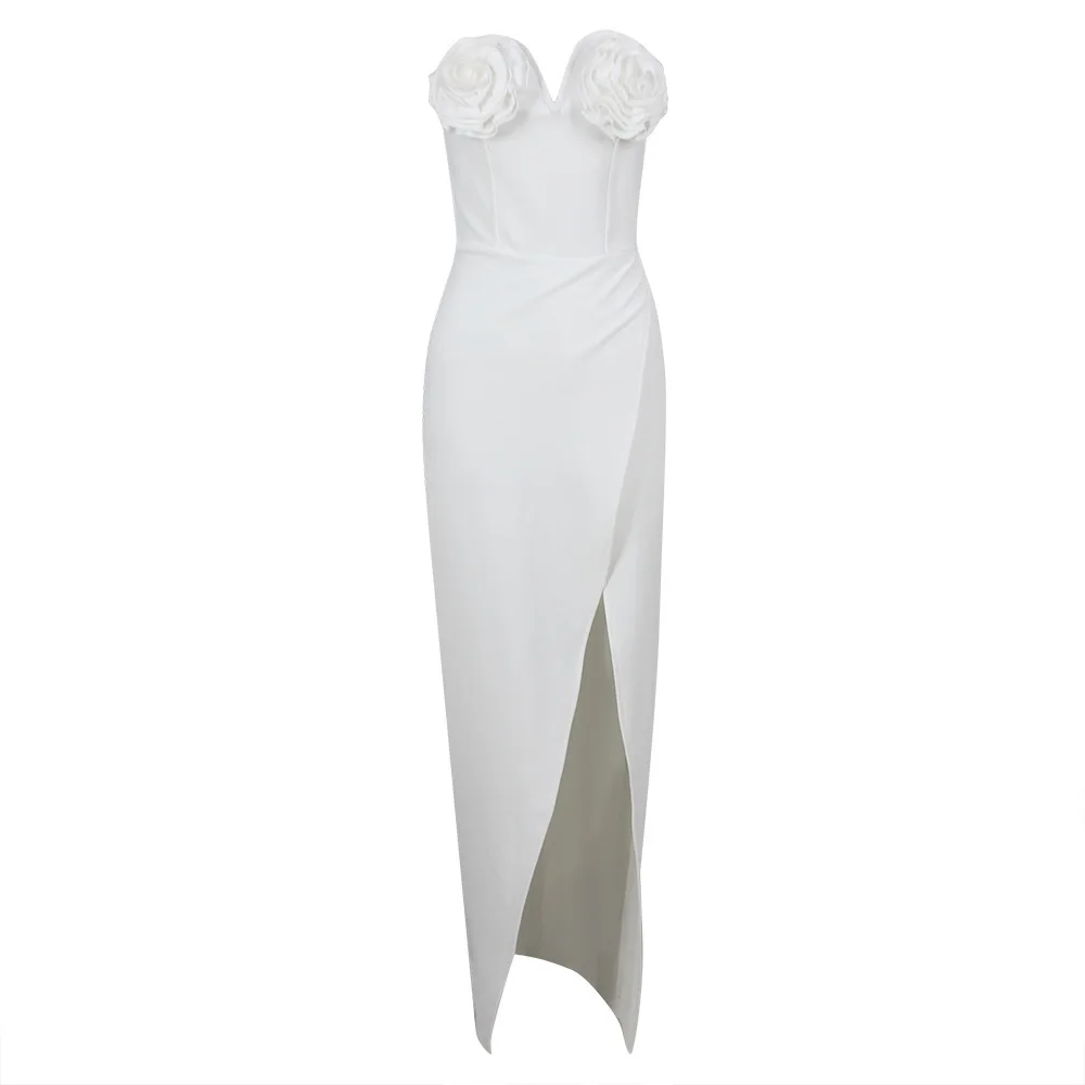 Sexy Strapless Backless 3D Flower Bandage Dress Women White Black Split Long Bodycon Dress Party Club Celebrity Party Dresses