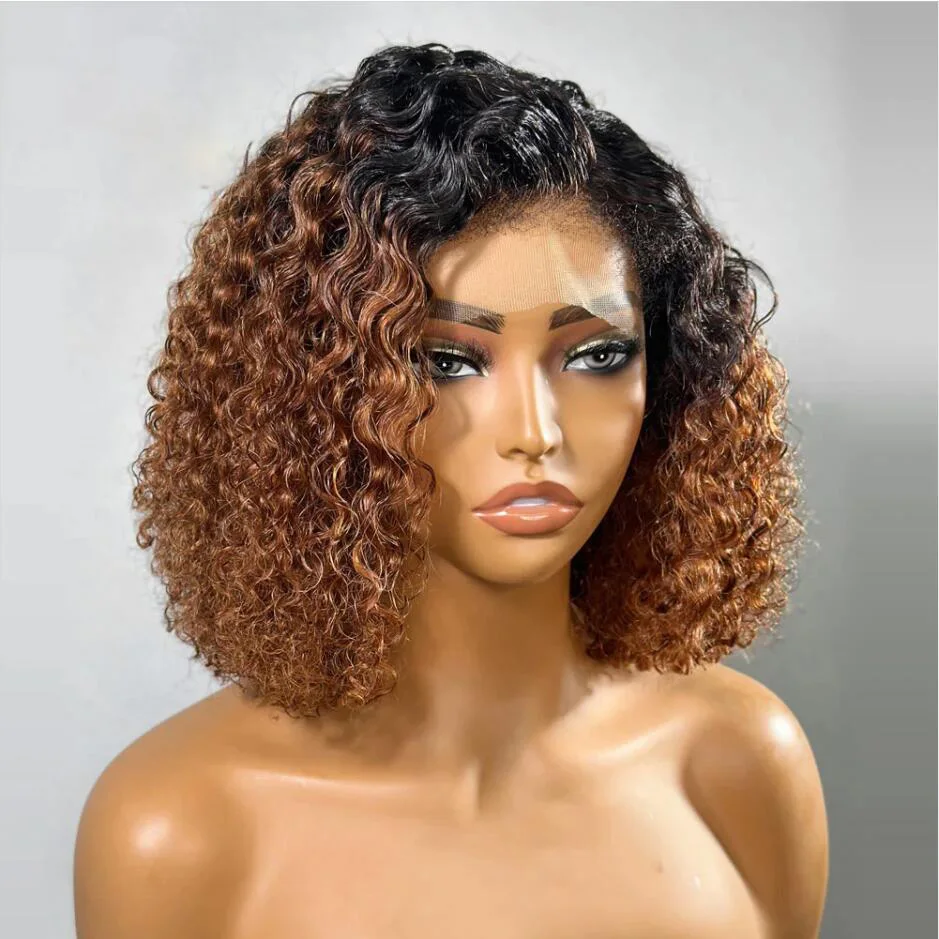 

Soft 180Density Short Bob Ombre Brown Blonde Glueless Kinky Curly Deep Lace Front Wig For Black Women BabyHair Preplucked Daily