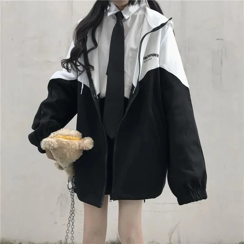 

Fashion Zipper Hooded Patchwork Jacket Women Korean High Street Pullover Zip Up Loose Pocket Coats Fall Female College Sweatwear