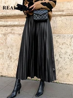 Black PU-leather Pleated Skirt New Women High Waist Fashionable All-match A-Line mi-long Skirt Female 1