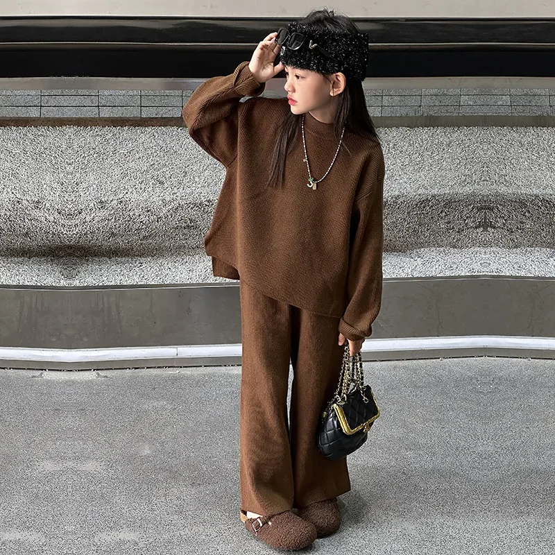 

Childrens Set Girls Autumn New Winter 2023 Knitting Tops Wide Leg Pants Coffee Color Two Piece Tide Round Collar Soild