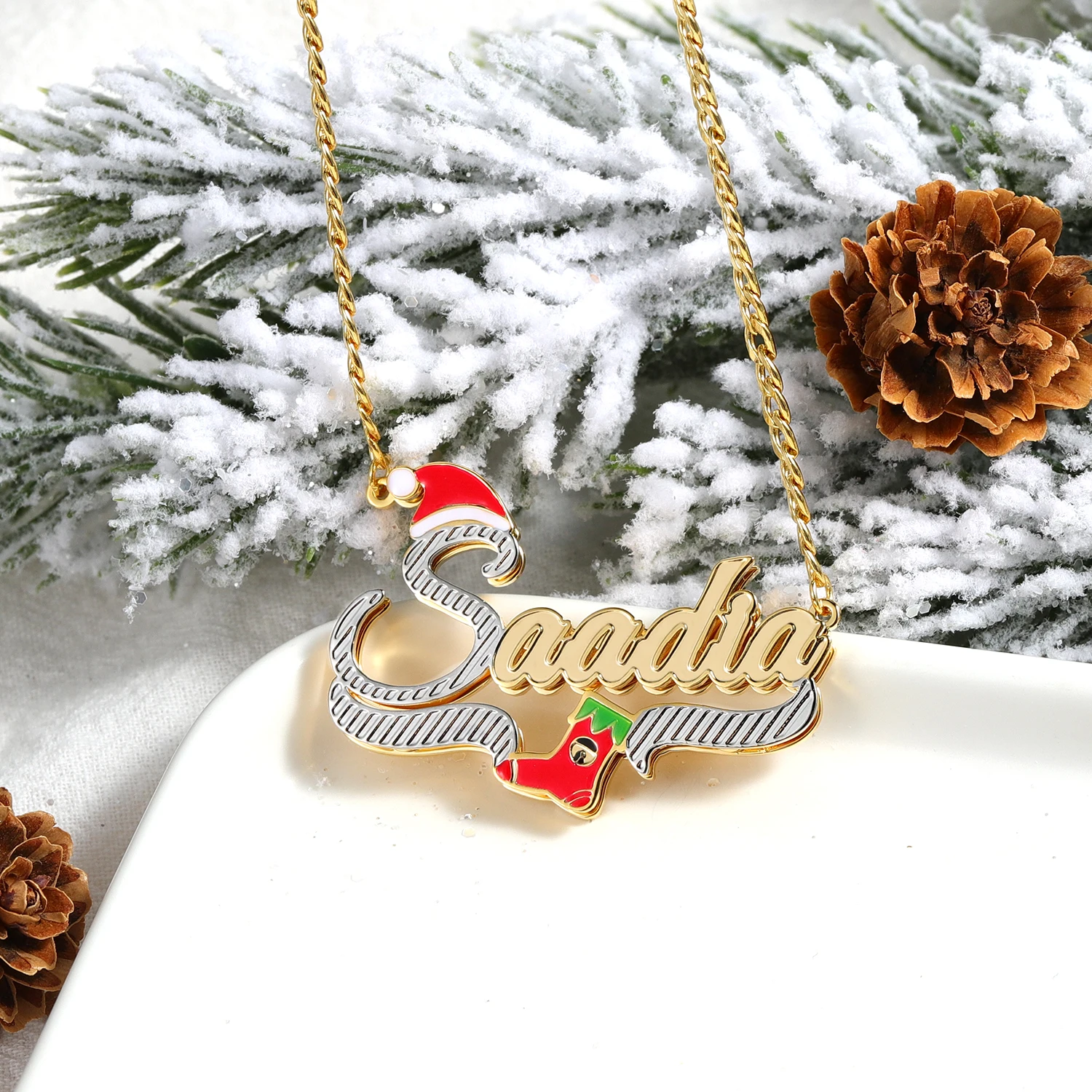 Custom Name Necklace Two Tone Nameplate Personalized Christmas Hats & Stockings 14K Gold-Plated Pendant Necklaces For Women Gift