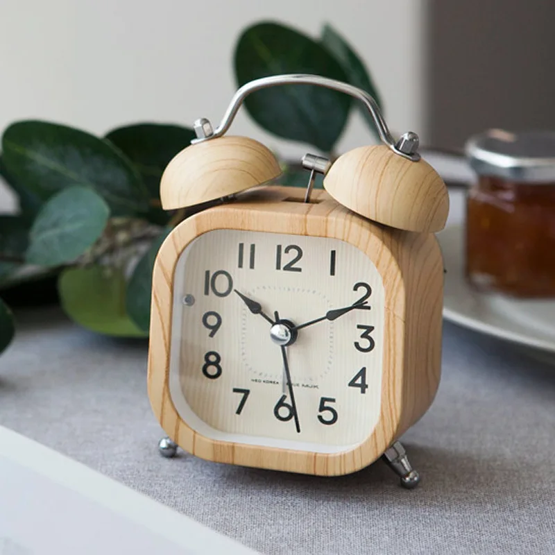 

Mini Cute Wooden Alarm Clock with Night Light Minimalism Creative Double Bell Alarm Clock for Bedside Office Study Desk Decor