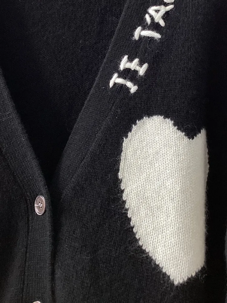 100% Cashmere Female Loose V-Neck Long Sleeve 3 Colors Cardigan Coat Women Heart Shaped Letter Embroidery Sweater Autumn 2023 6