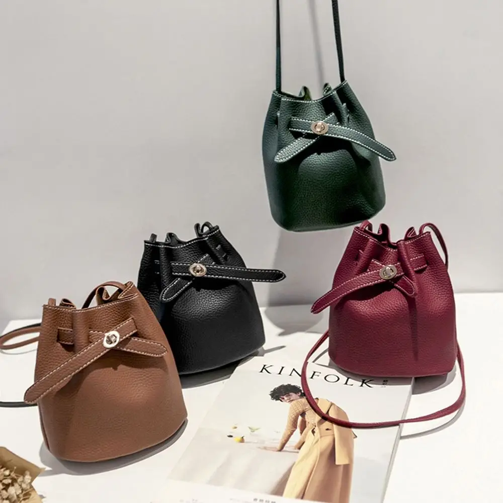 Women Bucket Bag French Style Crossbody Bag PU Leather Female Handbag Solid Color Retro Shoulder Bag Coin Purse