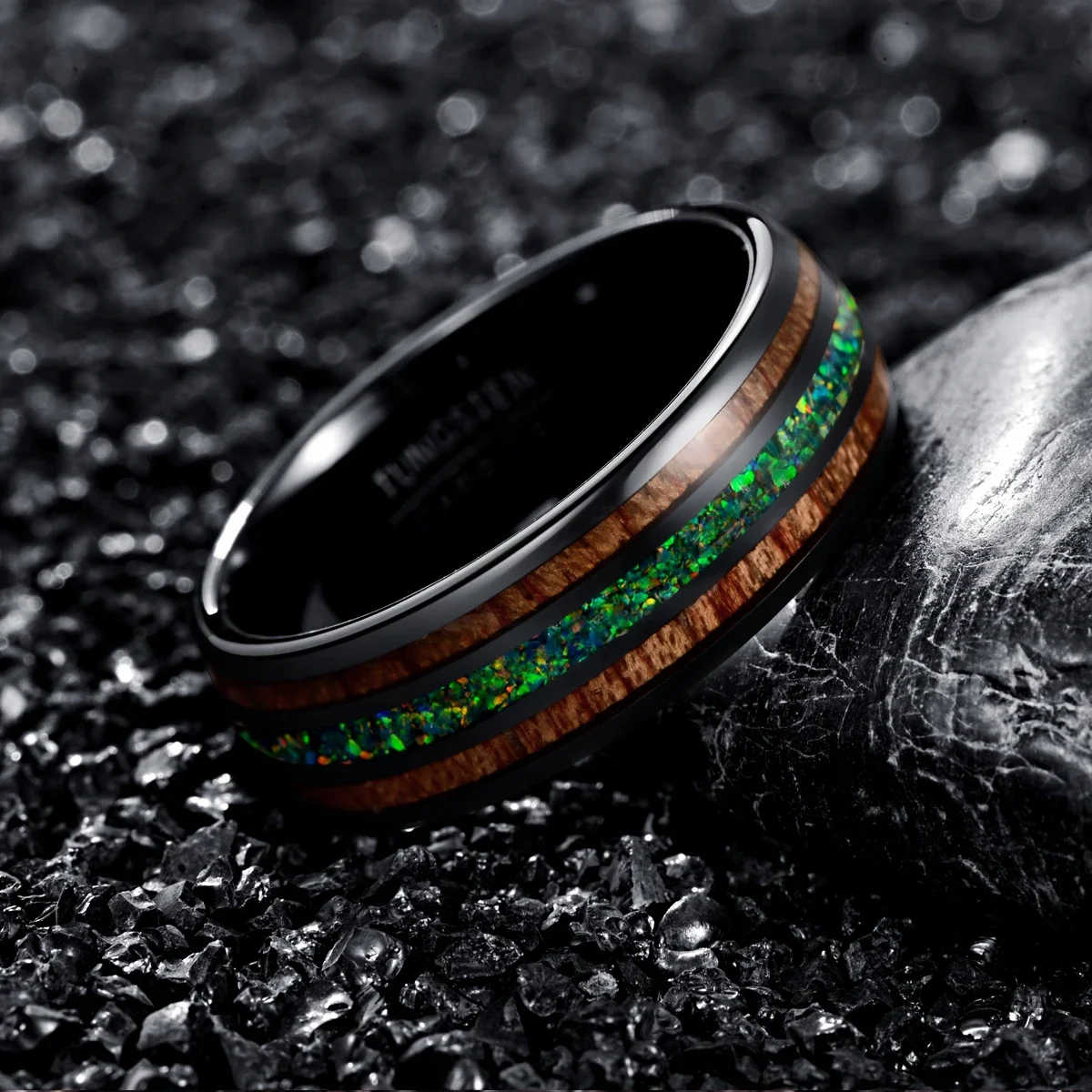 Nuncad Comfort Fit 8mm Natural Acacia Wood Ring with Letter  I Love You Green Opal Tungsten Carbide Ring For Men Name 3