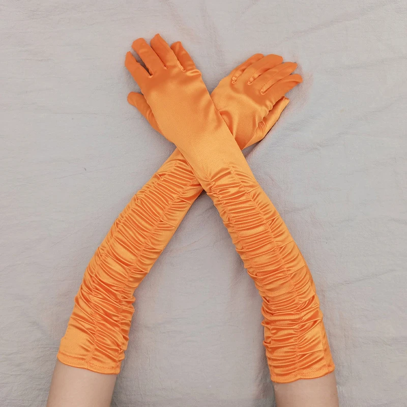 Long Satin Wave Pattern Micro Reflective Light Wedding Party Noble Style Women Gloves Lady Slender COS Graduation Mittens Nv5
