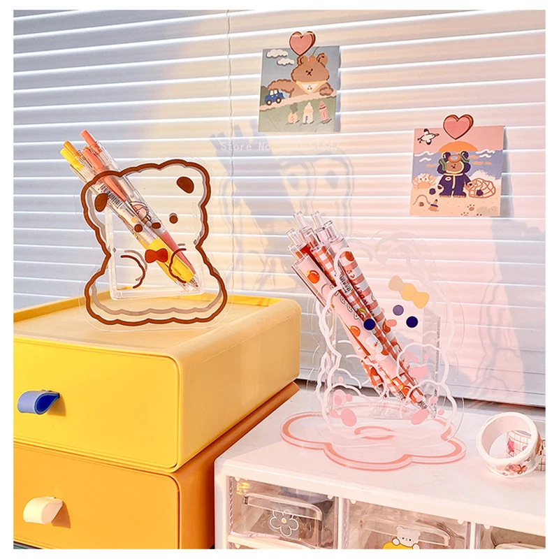 

Акриловый держатель для ручек, креативное украшение для письменного стола с милым медведем, школьные и офисные принадлежности, прозрачная коробка для хранения кистей для макияжа
