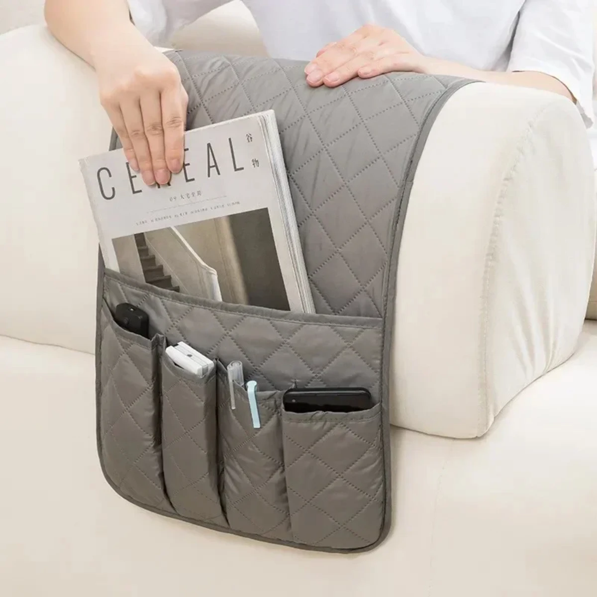 Sofa Armrest Organizer with 5 Pockets and Cup Holder Tray Couch Armchair Hanging Bag TV Remote Control Cellphone