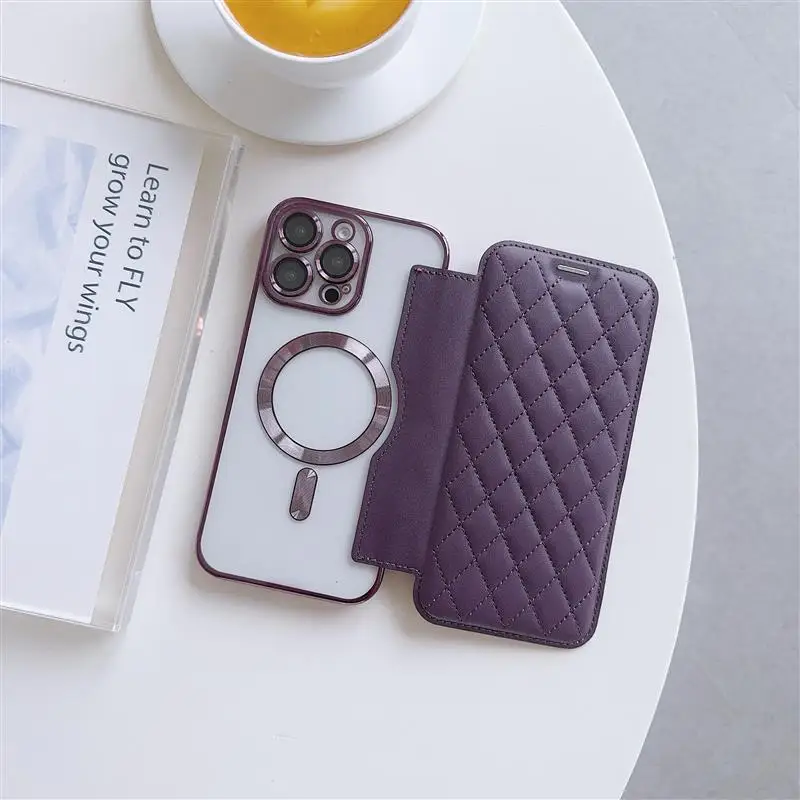 Elegant Lattice Leather Wallet Flip Case with Magsafe Wireless Charging Compatibility