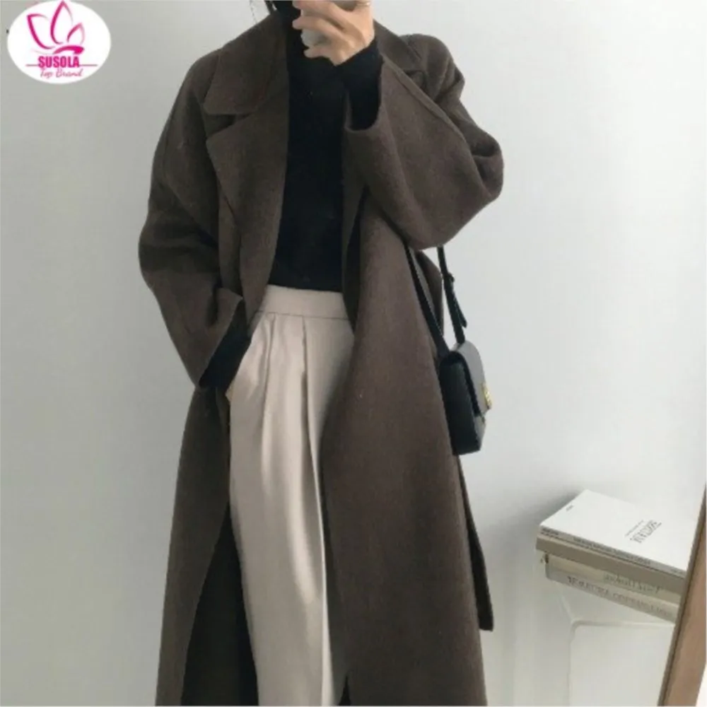 

SUSOLA French Lazy Style Warm Female Fresh Winter Lady Classical Belt Retro Loose Women Woolen Coats Chic Casual Long Coat Long