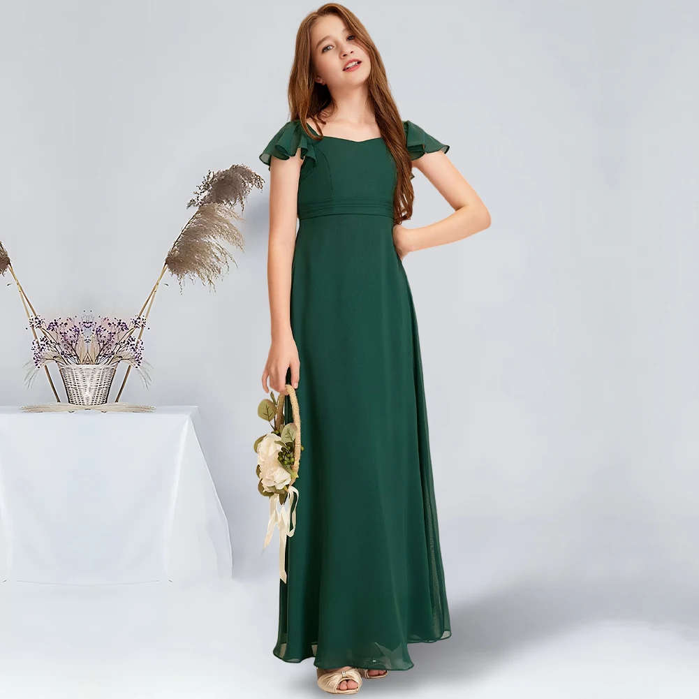

A-line Square Floor-Length Chiffon Junior Bridesmaid Dress Dark Green Flower Girl Dress for Wedding Dress For School Dance Teens