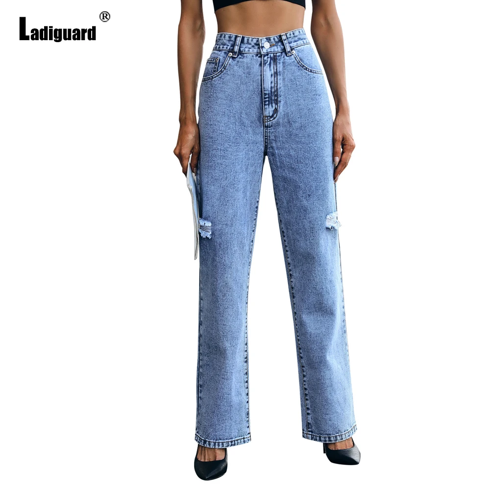 Sexy Hole Ripped Denim Pants Women's Stand Pocket Jeans Straight Leg Trouser High Cut Vintage Jeans Pants Vaqueros Mujer 2023