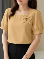 Women Summer OL Work Blouse 2025 ZANZEA Stylish Shirt Elegant Casual Short Sleeve Solid Color Tunic O Neck Blusas Mujer Femme - Image 2