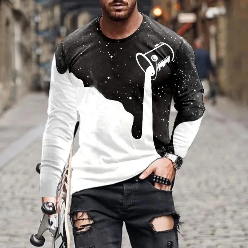 3D-gedrucktes Vintage-Kreuz-T-Shirt für Herren, gestreift, Farbblockmuster, Frühling, Herbst, Freizeit-T-Shirts, O-Ausschnitt, Oberteile mit langen Ärmeln