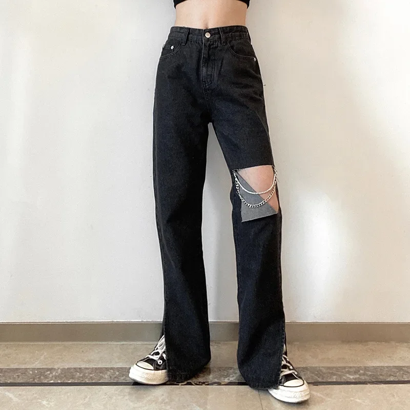 Women's Straight Jeans Spring Summer Autumn 2022 High Waist Ripped Pants Loose Full-Length Black Gray New Thin Denim Trousers