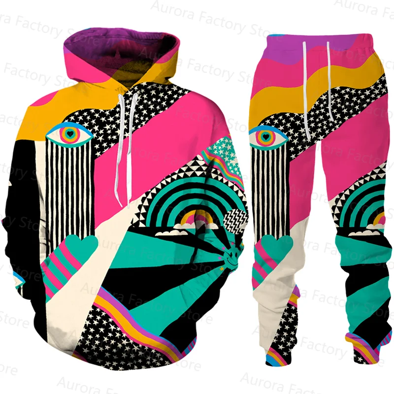 Men's Hoodie Set Asymmetric Art Printed Tracksuit Fashion Outfit Colorful Long Sleeve Suit Comfortable Male Clothing With Hat