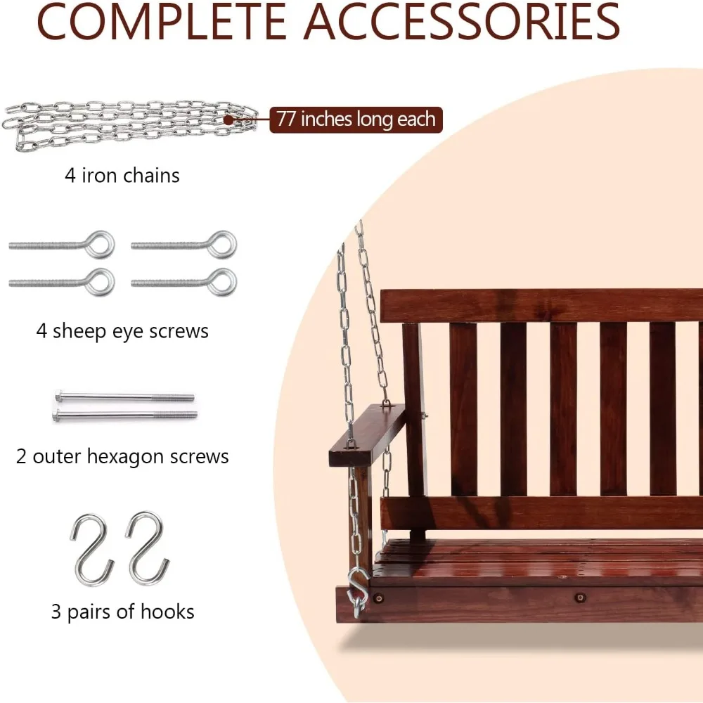 Outdoor Wooden Porch Swings 4Ft/48in Outdoor Swings Heavy Duty 800lb Weight Capacity Swing Bench for Adults with Hanging Chains 5