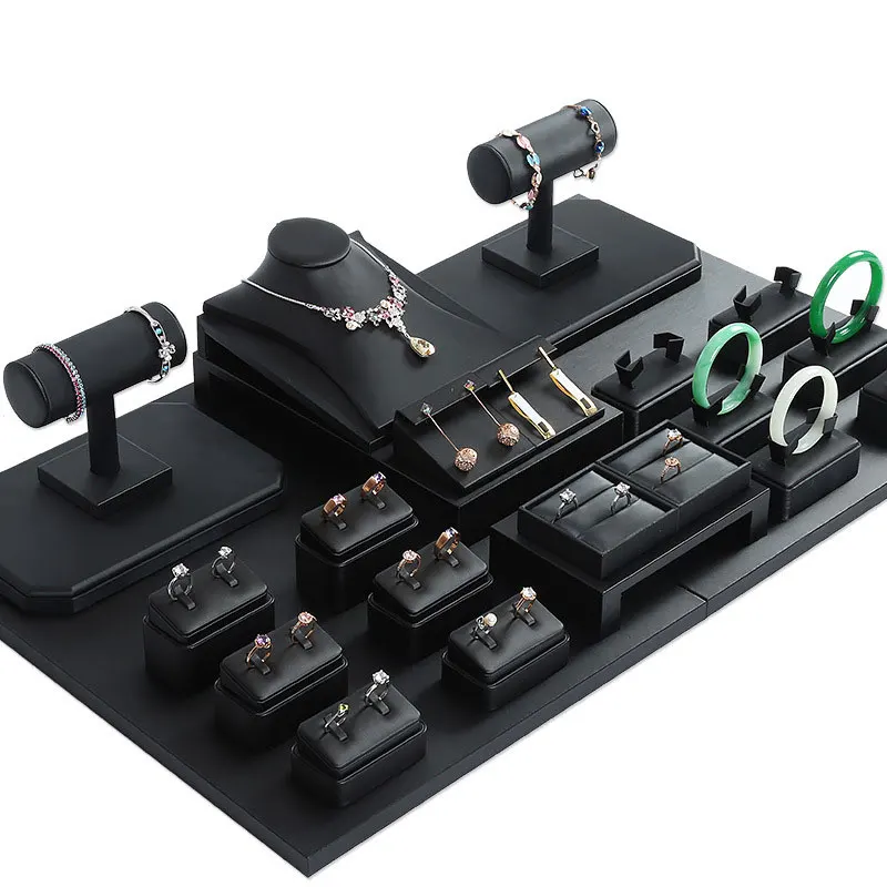 블랙 닦았 PU 가죽 쥬얼리 디스플레이 디스플레이 소품 링 펜던트 목걸이 쥬얼..