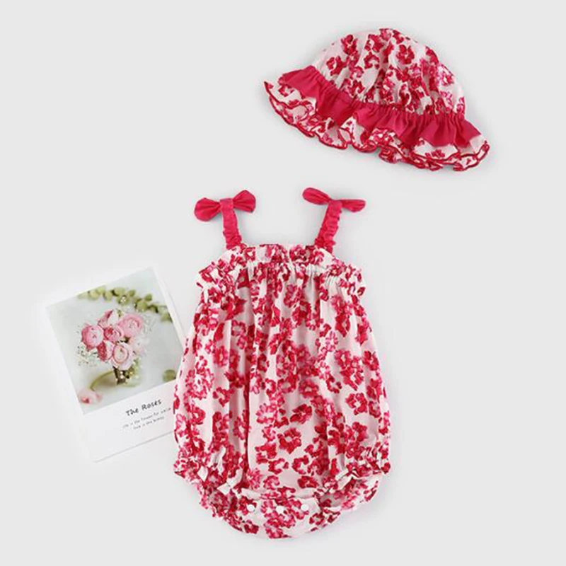 

New 2022 Infant Baby Girls Sleeveless Printing Jumpsuit + Hat Summer Newborn Baby Girls Clothes Rompers Kids Baby Girl Rompers