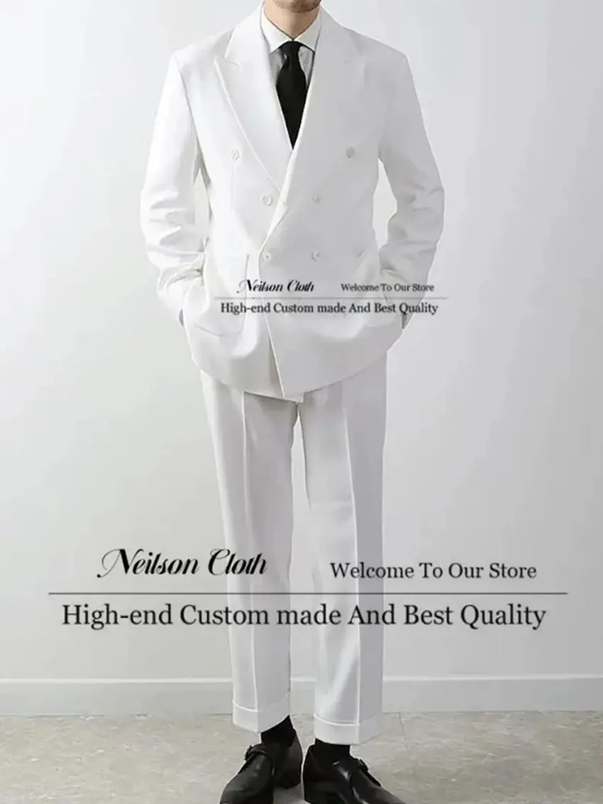 

Busines White Double Breasted Male Prom Blazers 2 Pcs Sets Peaked Lapel Groom Wedding Tuxedos Slim Fit Groomsmen Costume Homme