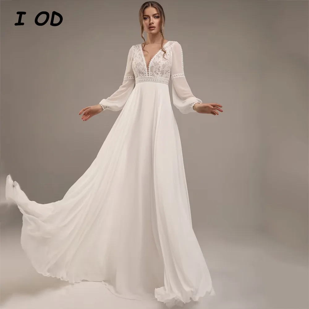 

I OD Deep V-Neck Wedding Dress Puff Long Sleeves Applique Button Back Floor Length Chiffon Bridal Gown A-Line Vestidos De Novia