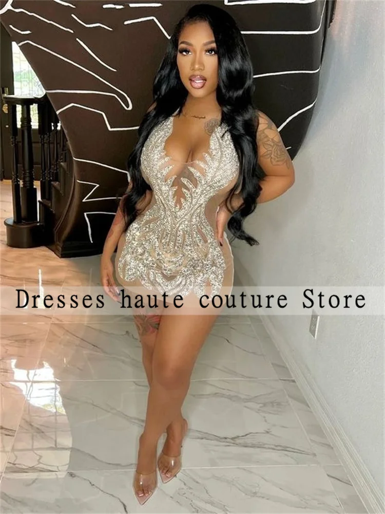 Sexy Silver Beaded Short Prom Dresses Sparkly Rhinestone Crystal Birthday Cocktail Dresses Birthday Party Gowns Customized