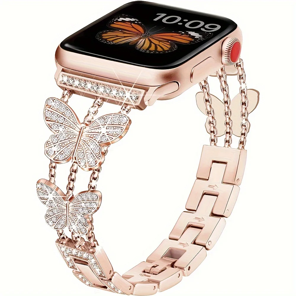 Apple Watch 밴드 용 금속 스트랩 iWatch 시리즈 9 8 7 6 5 SE 4 3 용 울트라 4mm 45mm 40mm 41mm 49mm 블링 나비 팔찌 체인
