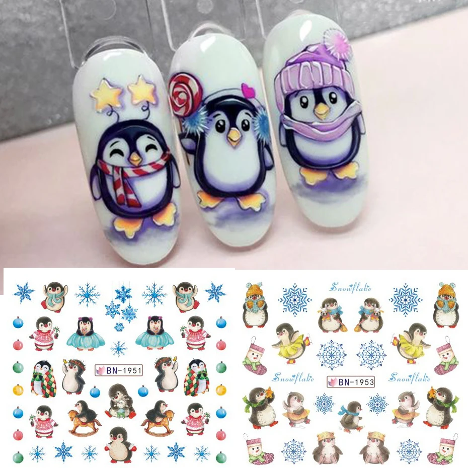 12pcs Cute Penguin Winter Nail Stickers Birds Bear Cat Cartoon Animal Snowflake Sliders Water Decals Decoration Xmas Tips Foils 2