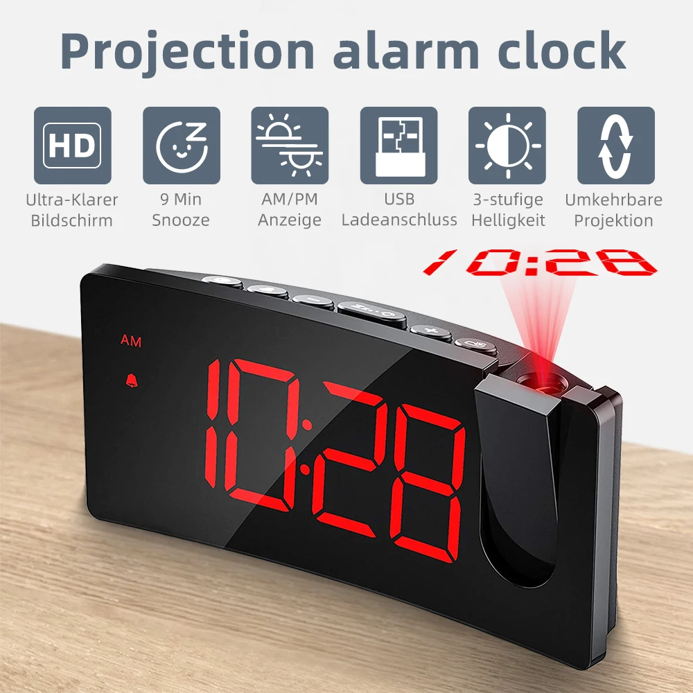 VERSIÓN SIMPLE,Despertador Proyector,Mpow Despertadores Digitales,Reloj Despertador de Proyección con Pantalla Curva de 5 LED,Grandes Números,3 Niveles de Brillos,Snooze,Puerto USB,Rojo 