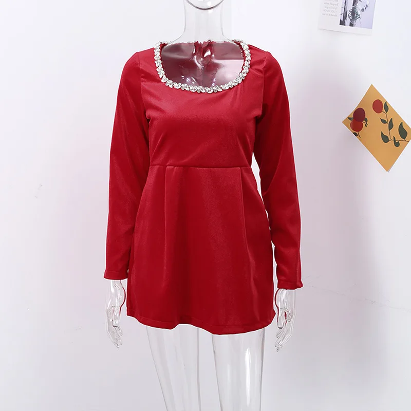 Vestido de terciopelo con cuello cuadrado y cuentas de manga larga para mujer, cintura alta, corte en A, para fiesta, Navidad y noche, nuevo